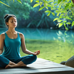 A serene individual meditating in a peaceful setting. Focus on the calmness and relaxation achieved through mindfulness, highlighting the reduction of anxiety and stress. Consider a palette of soothing blues and greens.