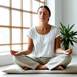 A serene adult woman in modest, loose-fitting, comfortable clothing, such as a plain linen top and soft trousers. She is seated gracefully on a clean, light-colored meditation cushion in a bright, minimalist room. Soft natural light streams through a large window, illuminating a single potted plant in the background. Her eyes are gently closed, and her hands rest softly on her lap in a natural pose, conveying profound tranquility and peace. Perfect anatomy, correct proportions, well-formed hands, proper finger count, natural body proportions. High-resolution, professional photography, safe for work, appropriate content, fully clothed, modest clothing, family-friendly.