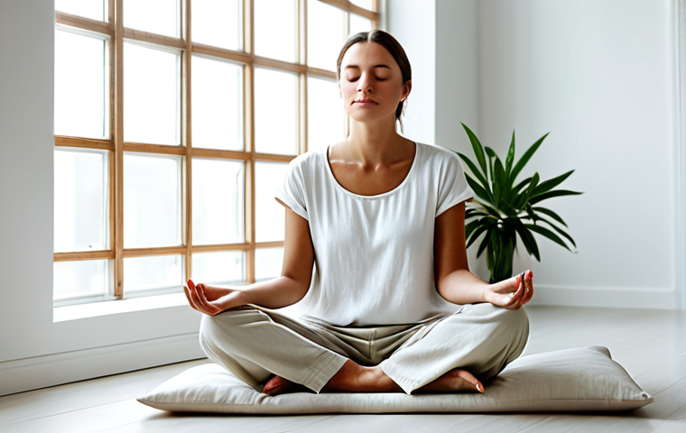 A serene adult woman in modest, loose-fitting, comfortable clothing, such as a plain linen top and soft trousers. She is seated gracefully on a clean, light-colored meditation cushion in a bright, minimalist room. Soft natural light streams through a large window, illuminating a single potted plant in the background. Her eyes are gently closed, and her hands rest softly on her lap in a natural pose, conveying profound tranquility and peace. Perfect anatomy, correct proportions, well-formed hands, proper finger count, natural body proportions. High-resolution, professional photography, safe for work, appropriate content, fully clothed, modest clothing, family-friendly.