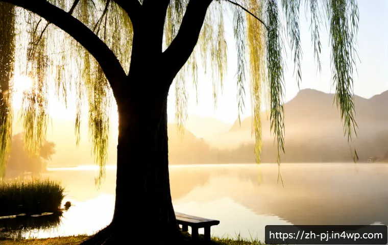 내면 평화를 위한 고요한 장소 찾기 - Photorealistic tranquil lakeside retreat at dawn, a simple wooden bench beneath a graceful willow tr...