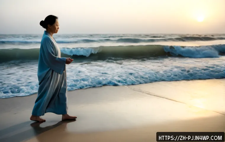 내면 평화를 위한 비정형 명상 기법 - Photorealistic early morning scene of a middle-aged woman practicing walking meditation barefoot on ...